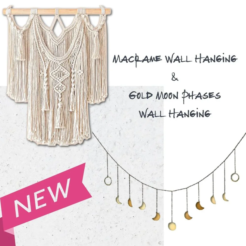 2 PC Boho Style Decor Macrame Moon Wall Hangings Moon Tray SET NEW